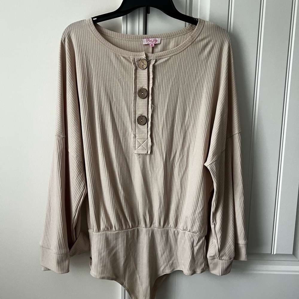 Pink Lily Beige Button-Front Bodysuit